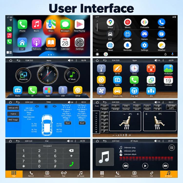 Car MP5 player touchscreen interface with apps, media, and settings icons