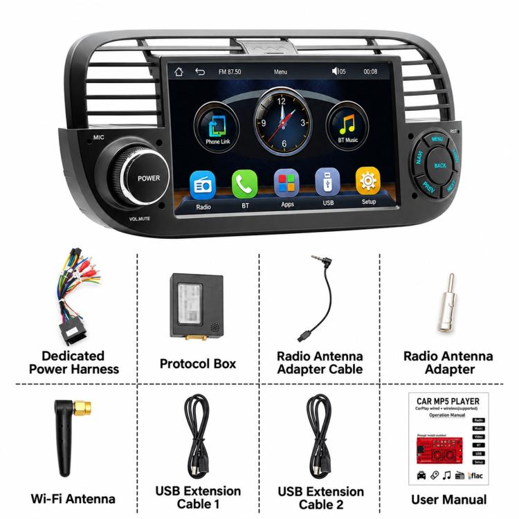Black in-dash car MP5 player with protocol box, antennas, and USB extension cables