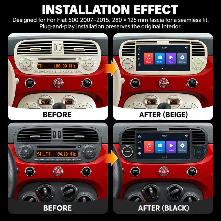 In-dash MP5 player installation comparison with touchscreen head unit, black and beige