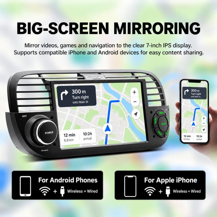 7-inch in-dash car MP5 player with touchscreen, mic port, and rotary volume knob, black