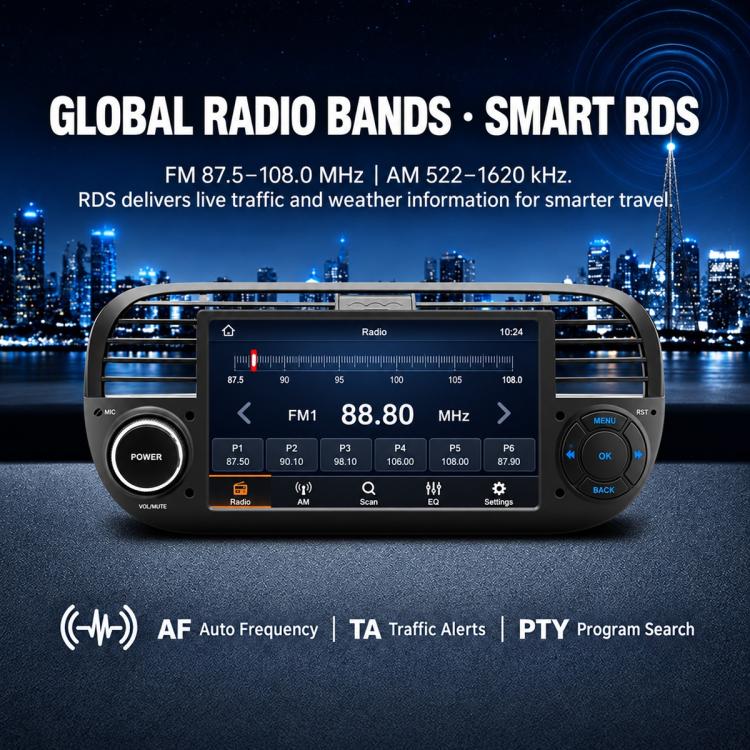 Car MP5 player head unit with 7-inch touchscreen showing radio interface, black