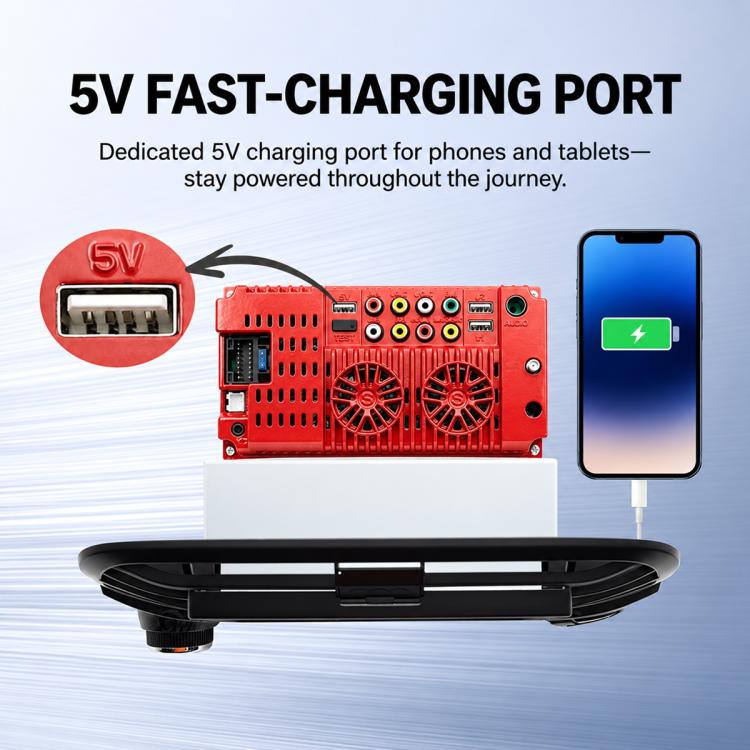 Car MP5 player internal module showing 5V charging port and connector board