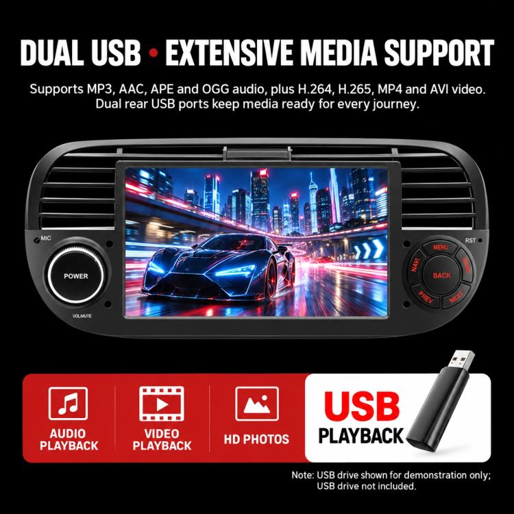 7-inch in-dash MP5 player receiver with touchscreen and USB media playback, black
