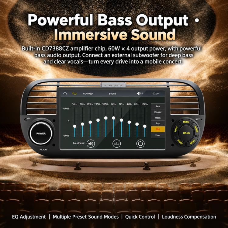 Black in-dash MP5 player receiver with touchscreen and rotary audio control dials