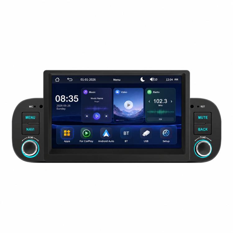 7-inch car MP5 multimedia head unit with central touchscreen and side control knobs