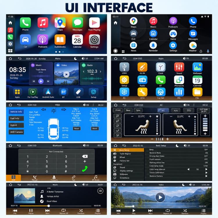 7-inch car MP5 player UI interface with app icons and radio screens