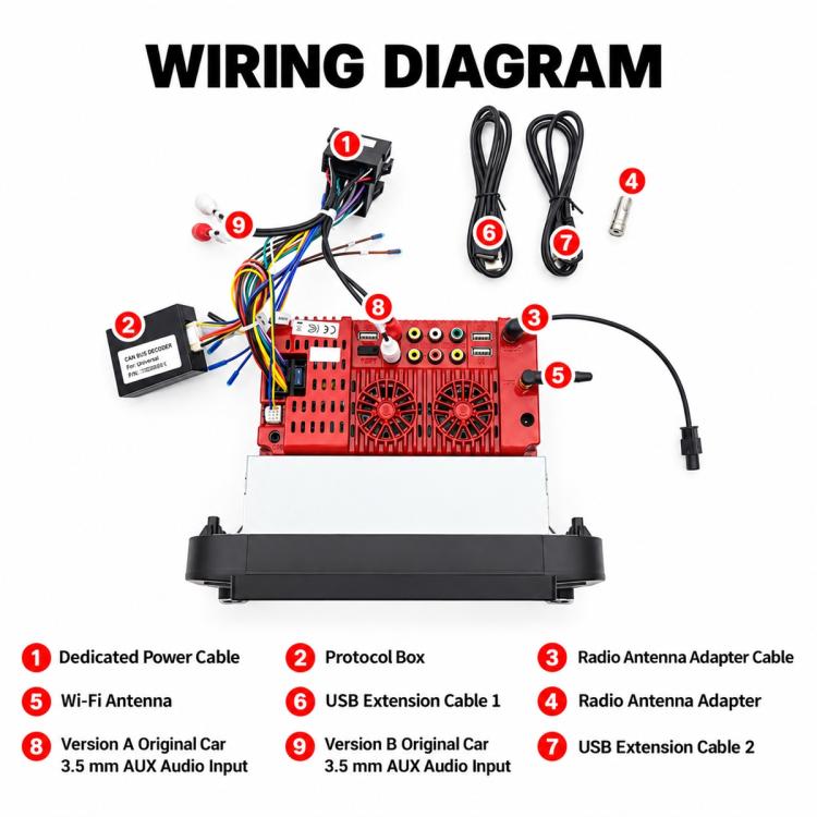 Car MP5 player wiring diagram with connectors and power cable