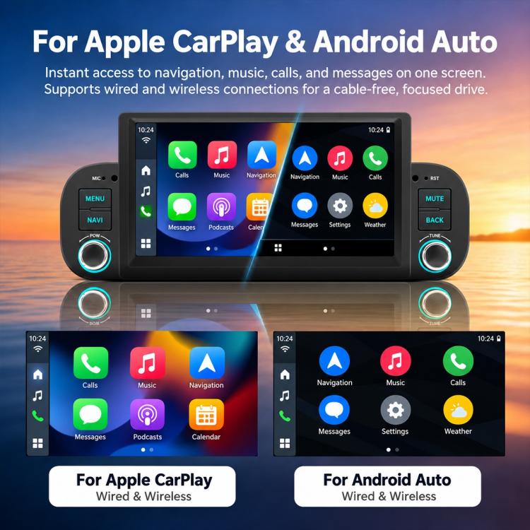 Car MP5 touchscreen showing app interface with side menu and rotary control knobs