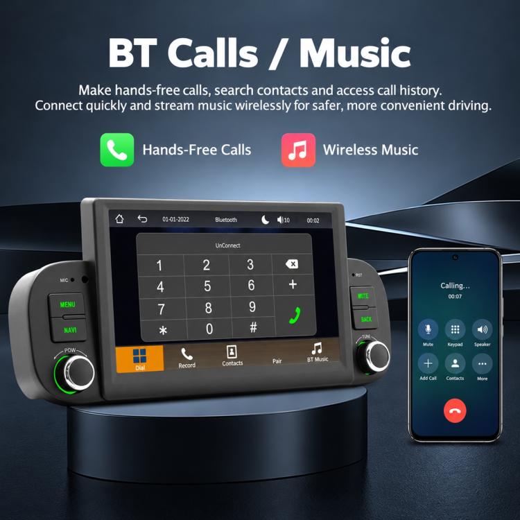 Car MP5 head unit with Bluetooth call/music interface and side control buttons