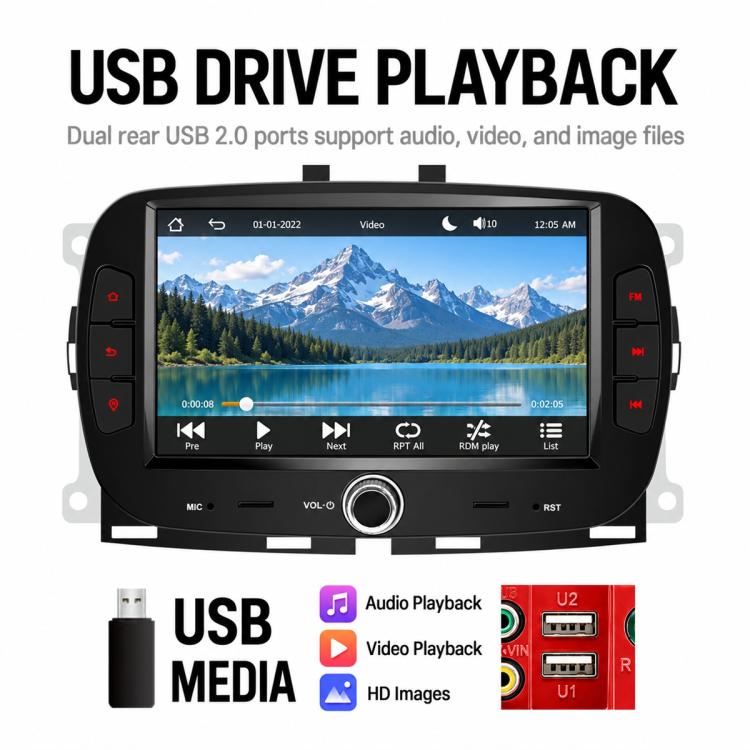 Car MP5 head unit with 7-inch touchscreen showing media playback icons