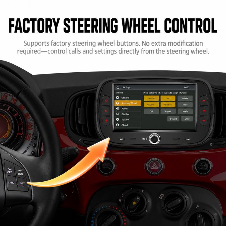 Car MP5 head unit with steering wheel control settings shown on screen