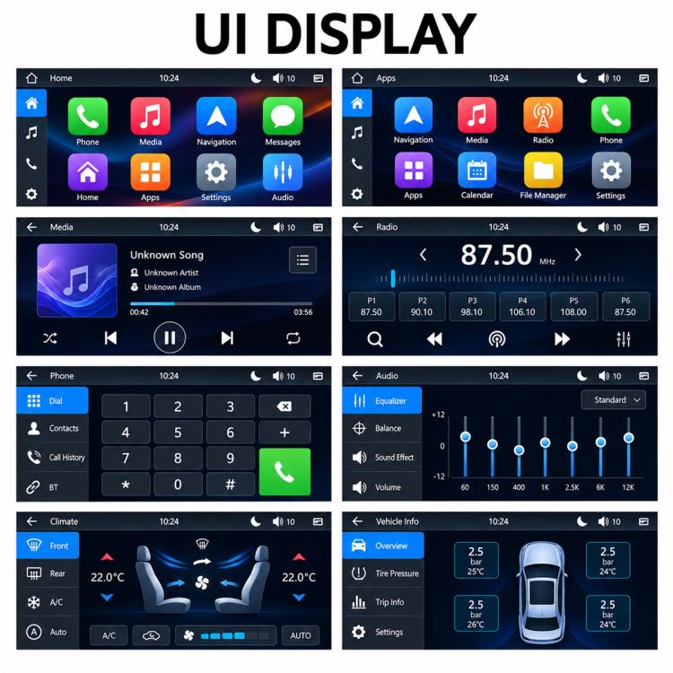 Car MP5 touchscreen showing app, media, radio, and vehicle settings screens