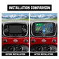 Car MP5 player installation comparison showing head unit before and after fitting