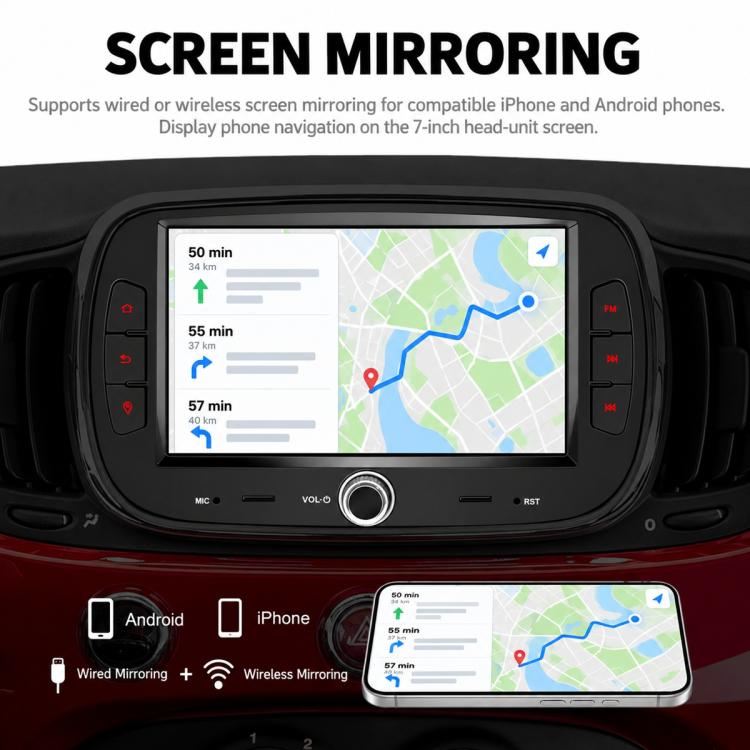 Car MP5 player head unit with screen mirroring map display