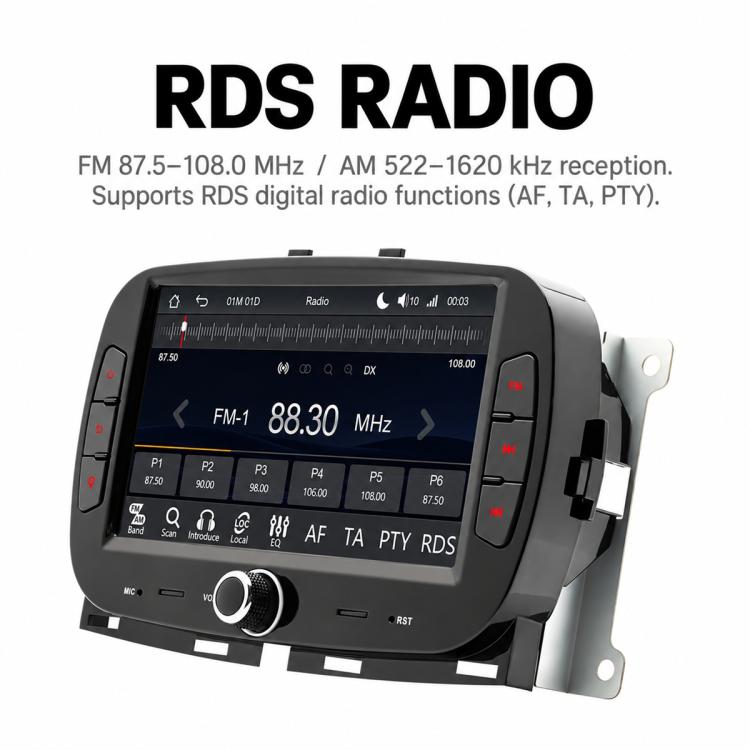 Car MP5 player head unit displaying RDS radio FM frequency and station controls