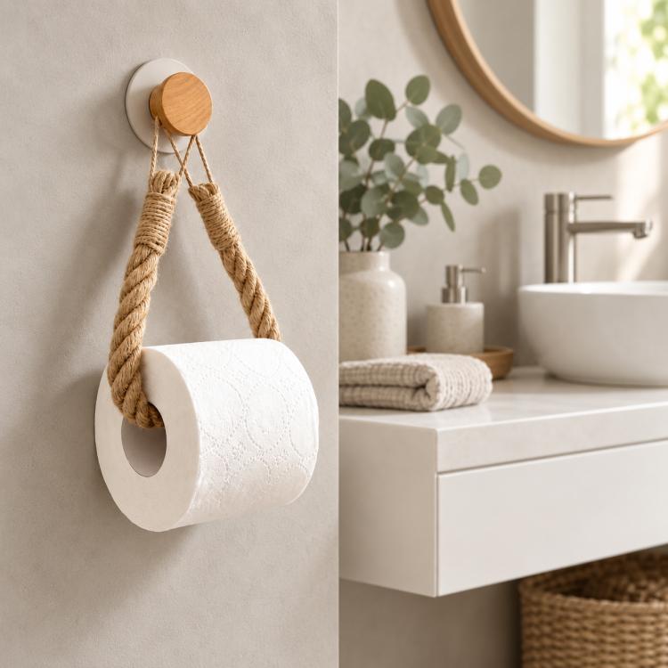 Wall-mounted twine toilet paper holder with rope loop and paper roll