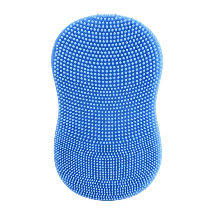 Blue silicone face cleansing brush with dense domed bristle tips on oval pad
