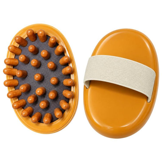 Air-cushion massage comb with brown bamboo nodes on a tan circular base