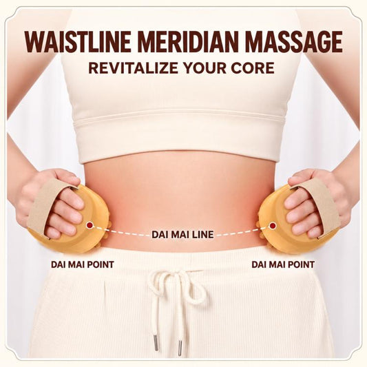 Air-cushion massage comb with beige strap, used to massage around the waist