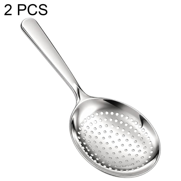 Stainless steel slotted soup spoon with short handle and perforated bowl