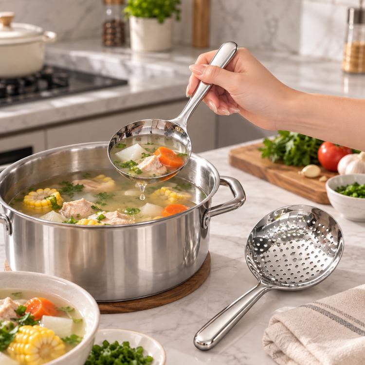 Slotted stainless steel soup spoon held over a pot, draining liquid through holes