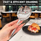 Stainless steel slotted soup spoon held in hand with perforated draining surface