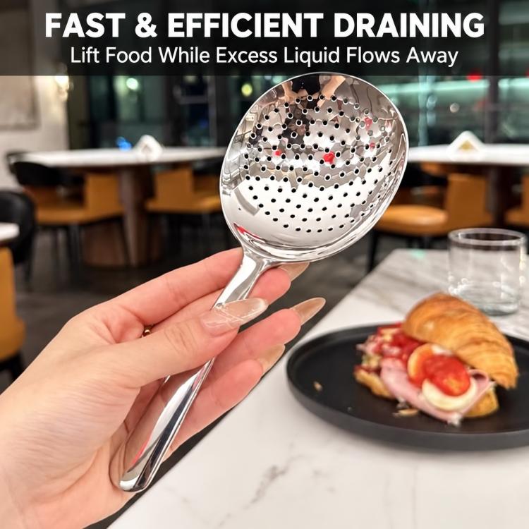 Stainless steel slotted soup spoon with short handle and dotted bowl