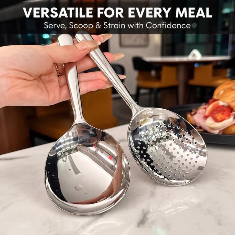 Pair of stainless steel soup spoons: round spoon and slotted spoon with short handles