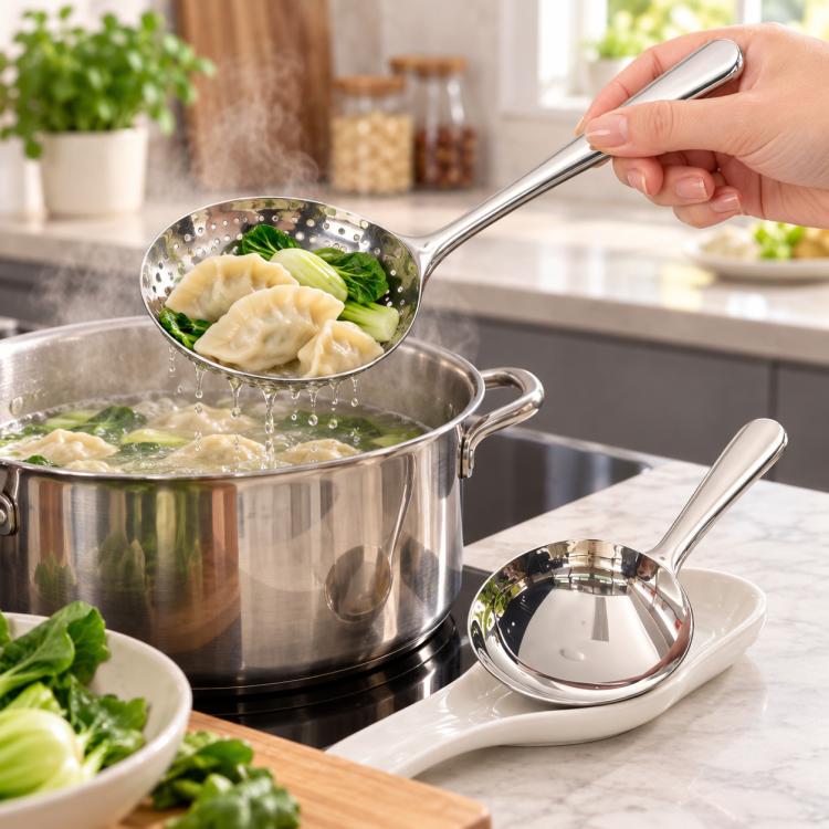 Stainless steel slotted soup spoon holds dumplings while draining from perforated bowl
