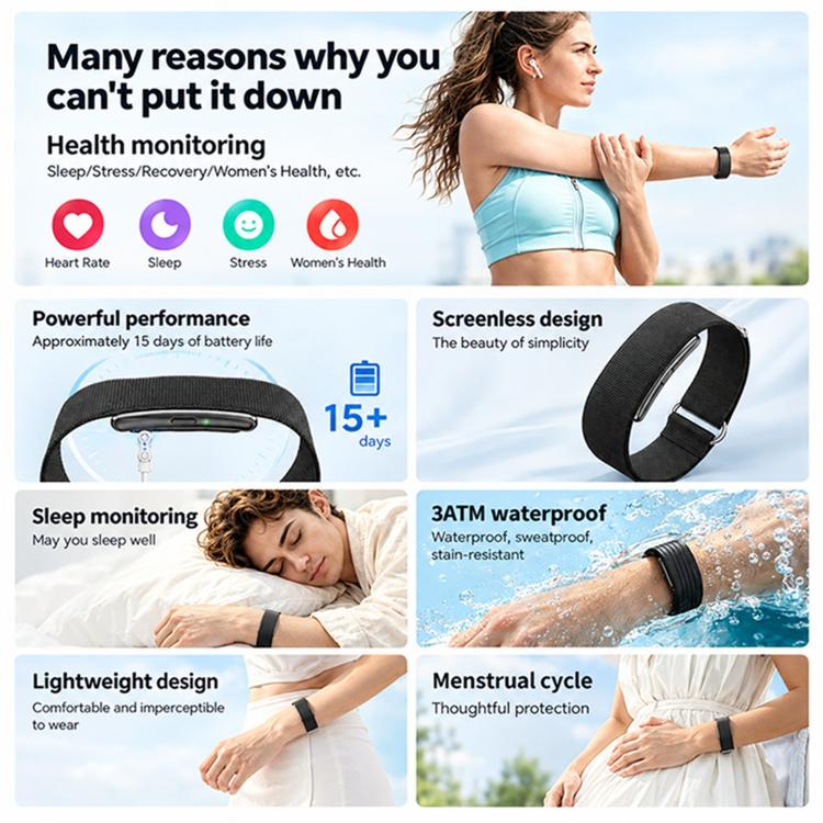 HT51 Screenless Fitness Tracker Band, Support Heart Rate / Sleep Monitoring, Dual Straps