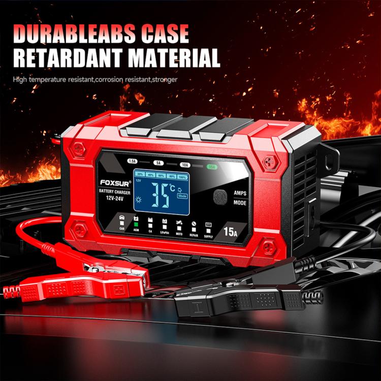 FOXSUR 12V/24V 1.5-15A Multifunctional LCD Digital Display Adjustable Current Battery Charger, EU Plug, US Plug, UK Plug, AU Plug