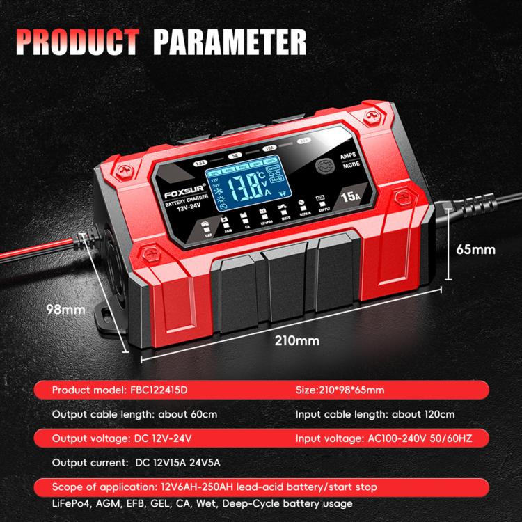 FOXSUR 12V/24V 1.5-15A Multifunctional LCD Digital Display Adjustable Current Battery Charger, EU Plug, US Plug, UK Plug, AU Plug