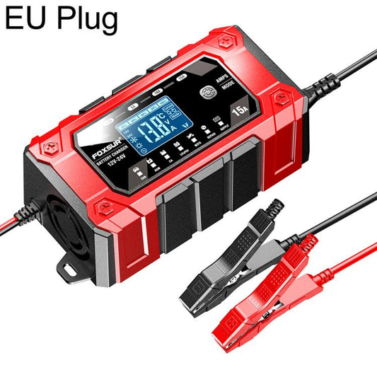 FOXSUR 12V/24V 1.5-15A Multifunctional LCD Digital Display Adjustable Current Battery Charger, EU Plug, US Plug, UK Plug, AU Plug
