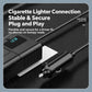 Black car power inverter with cigarette lighter plug, USB ports, and LED digital display