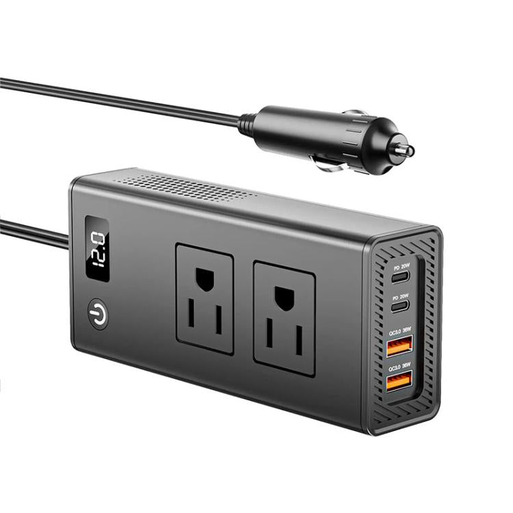 Car power inverter with two AC outlets, digital LED display, and cigarette lighter plug