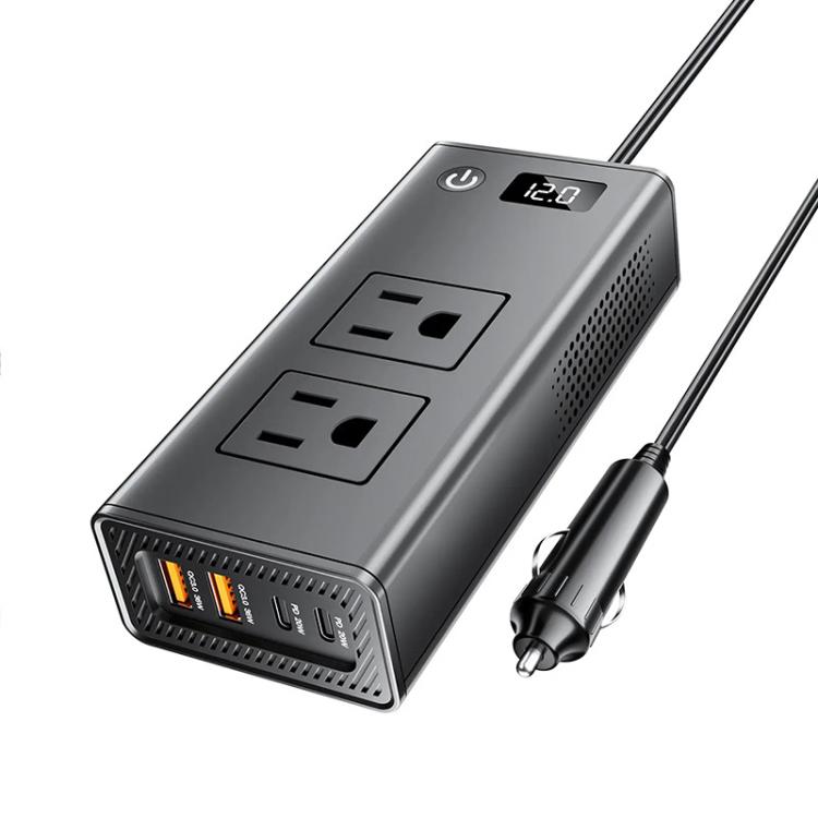 Car power inverter with two AC outlets and LED digital display, connected to car plug