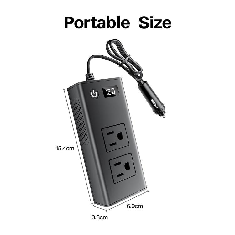 Compact car power inverter with two AC outlets and LED digital display, includes car cord