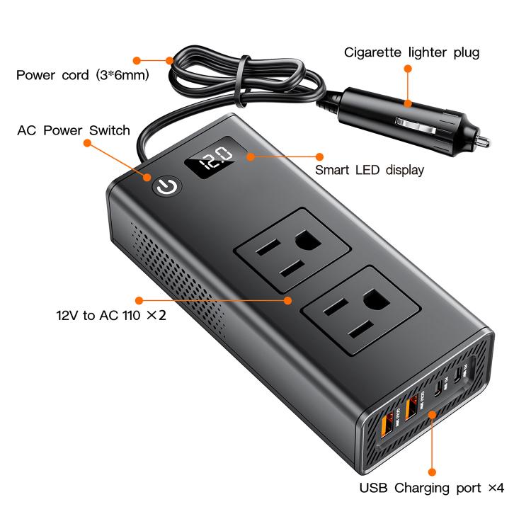 Car inverter with dual AC outlets, smart LED display, USB charging ports, cigarette lighter plug