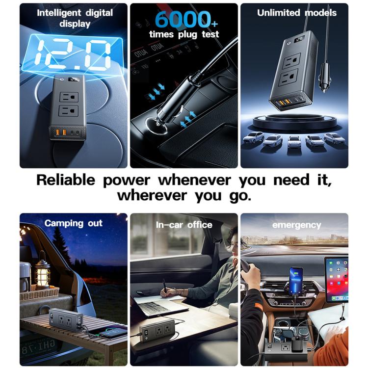 Car power inverter with intelligent digital display and dual AC outlets for portable charging