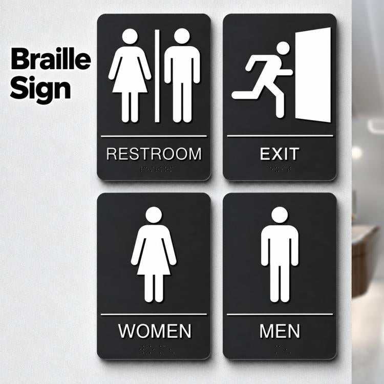 Set of black tactile Braille signs showing RESTROOM, EXIT, WOMEN, and MEN symbols.