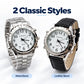 Two-style quartz watch: metal band and black leather band, white dials