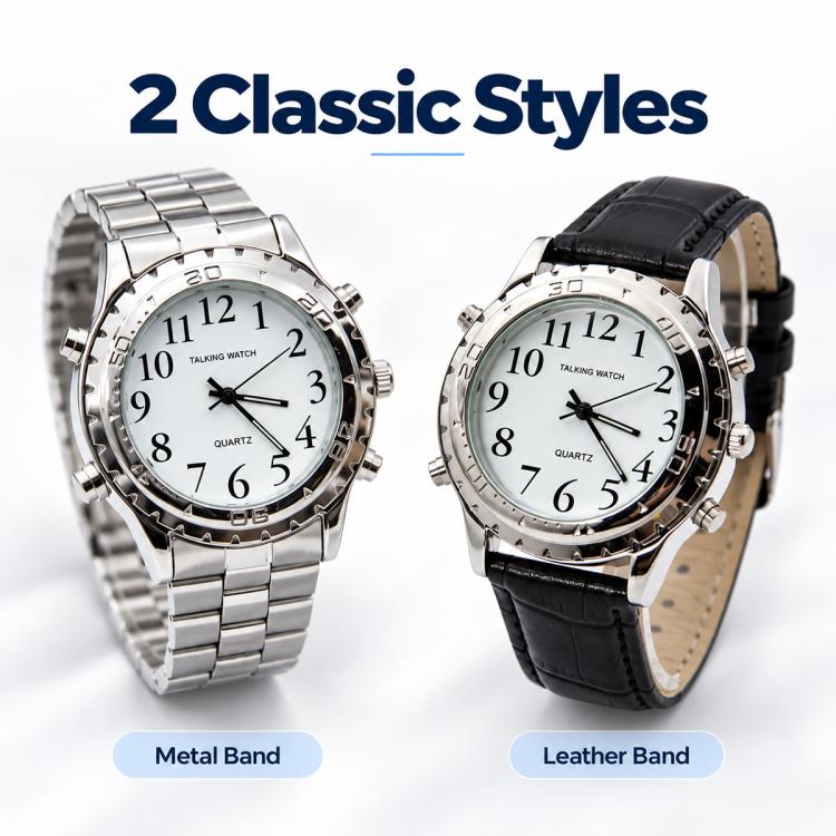 Two-style quartz watch: metal band and black leather band, white dials