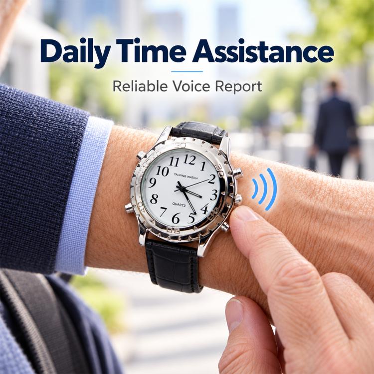 Quartz watch on wrist with black leather strap and white dial