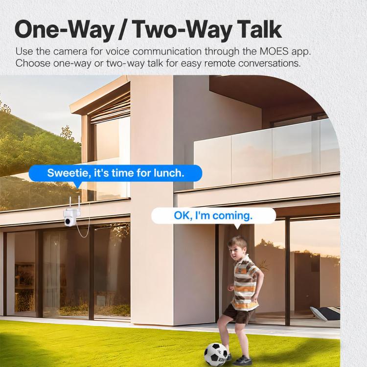 White WiFi security camera mounted outdoors with dual antennas