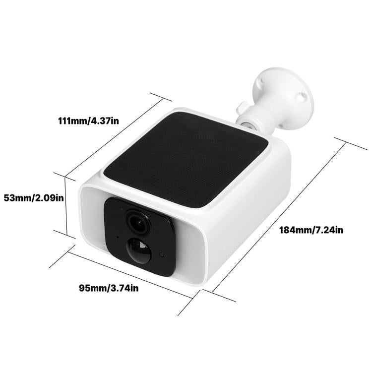Outdoor solar WiFi security camera with front lens and wall-mount bracket