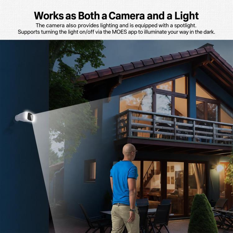Outdoor WiFi security camera with built-in spotlight mounted under roof eave