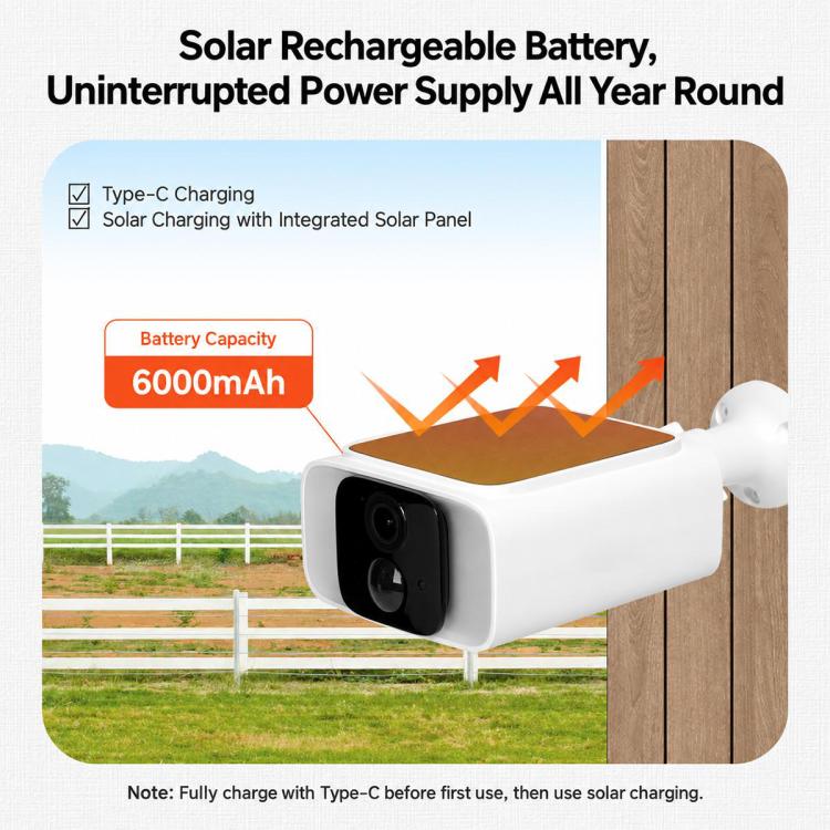 Outdoor solar rechargeable WiFi security camera with built-in solar panel on top