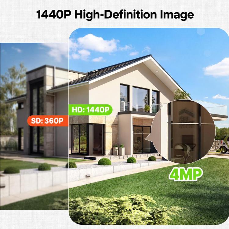 Outdoor security camera showing high-definition 4MP style image quality panel