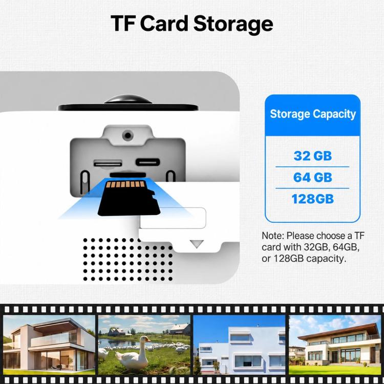 Outdoor security camera with TF card storage slot and selectable capacity options