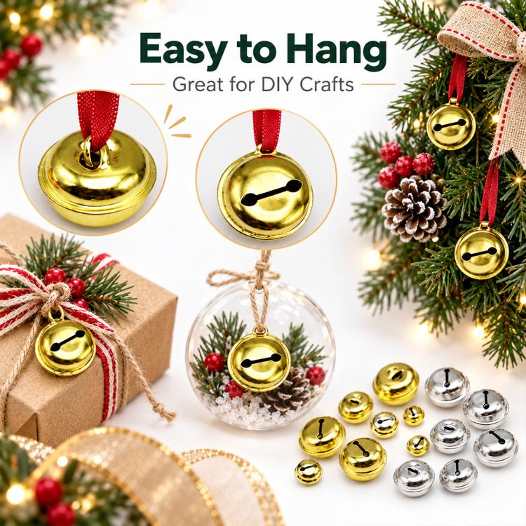 Gold electroplated bell ornaments with hanging loops and small loose bells